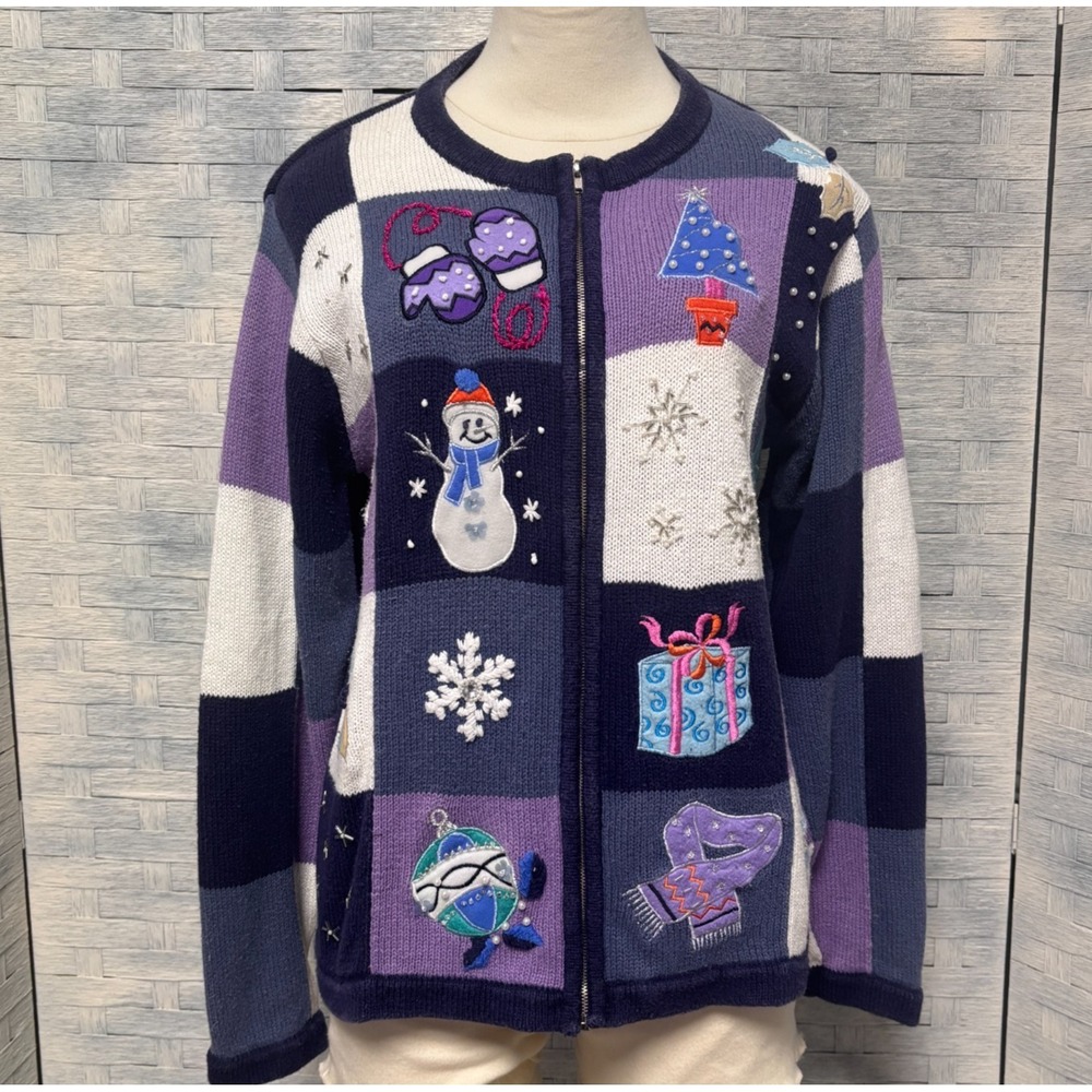 B.P. Design Women's Vintage Holiday Christmas Snowmen Sweater Zip Cardigan M